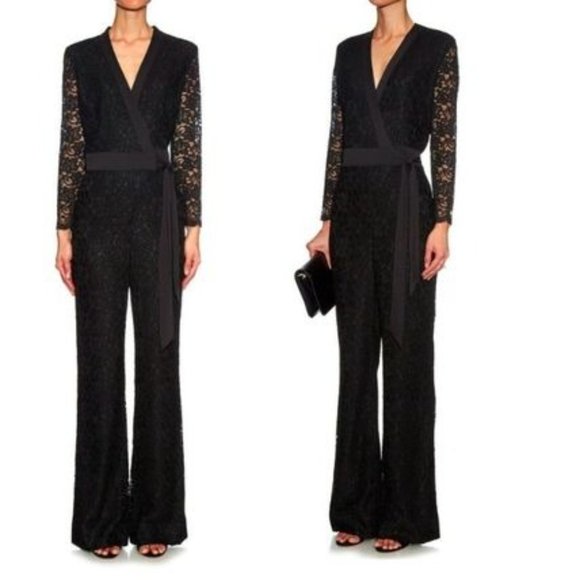 Diane Von Furstenberg Pants - DIANE VON FURSTENBERG Black Lace Floral Wrap Jumpsuit 6 Small Formal Long $600